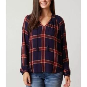 Lucky Brand Shirt Women Medium Top Blouse Plaid Blue Long Sleeve Rayon V Neck‎